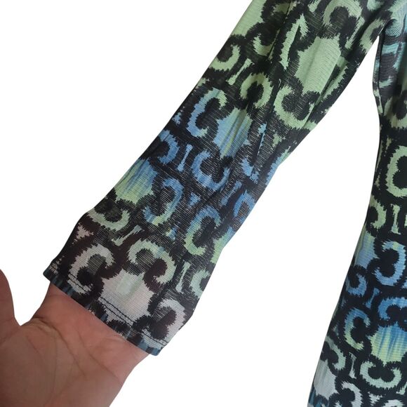 Axcess Y2K 3/4 Sleeve Top Women's Medium M Blue Green Geometric Sheer Lined - Picture 4 of 9